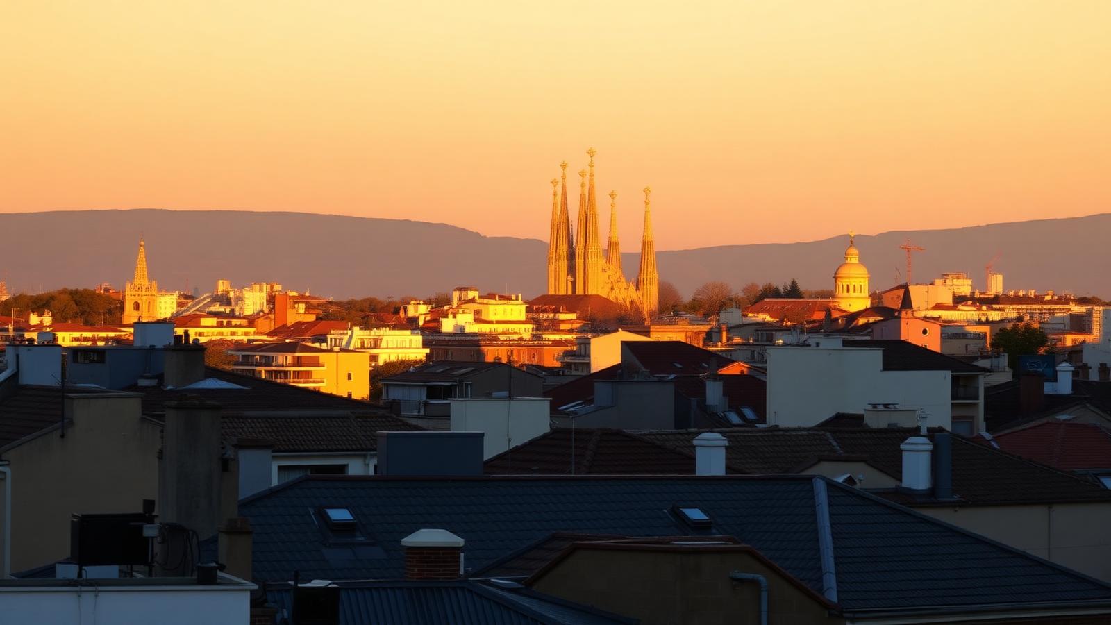 Barcelona rooftops at sunset with the Sagrada Família spires in the distance