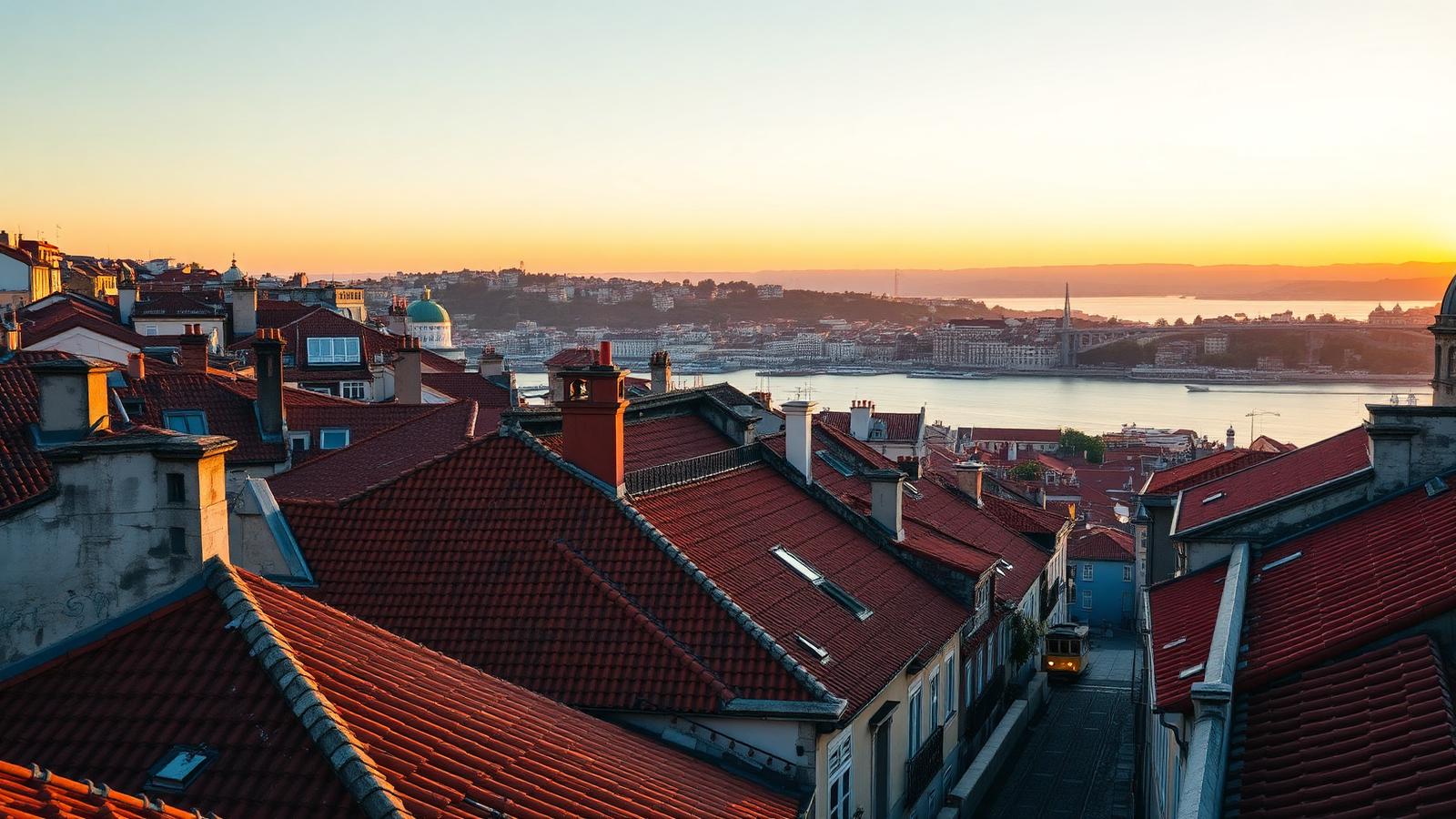 Golden-hour view over Lisbon's terracotta rooftops toward the Tagus river