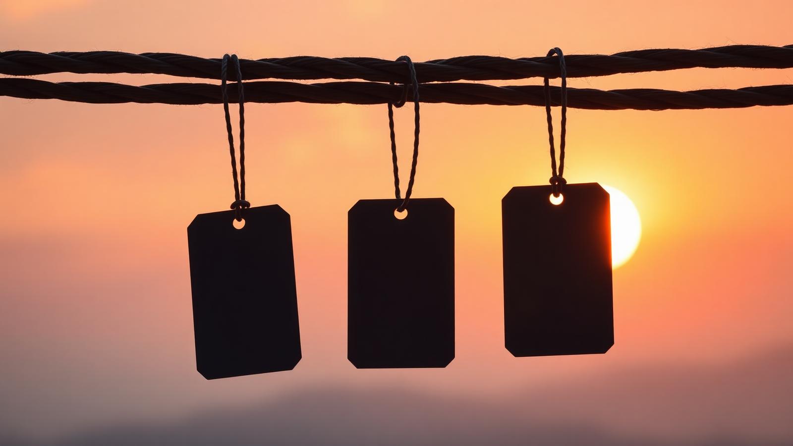 Three blank luggage tags hanging from a line against a sunset sky