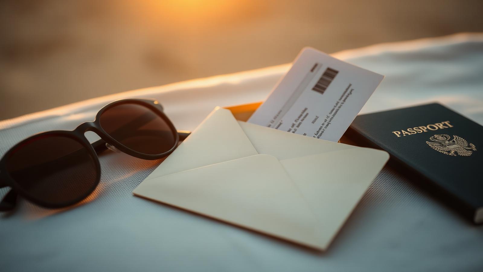 Sealed envelope with a boarding pass, passport and sunglasses in sunset light