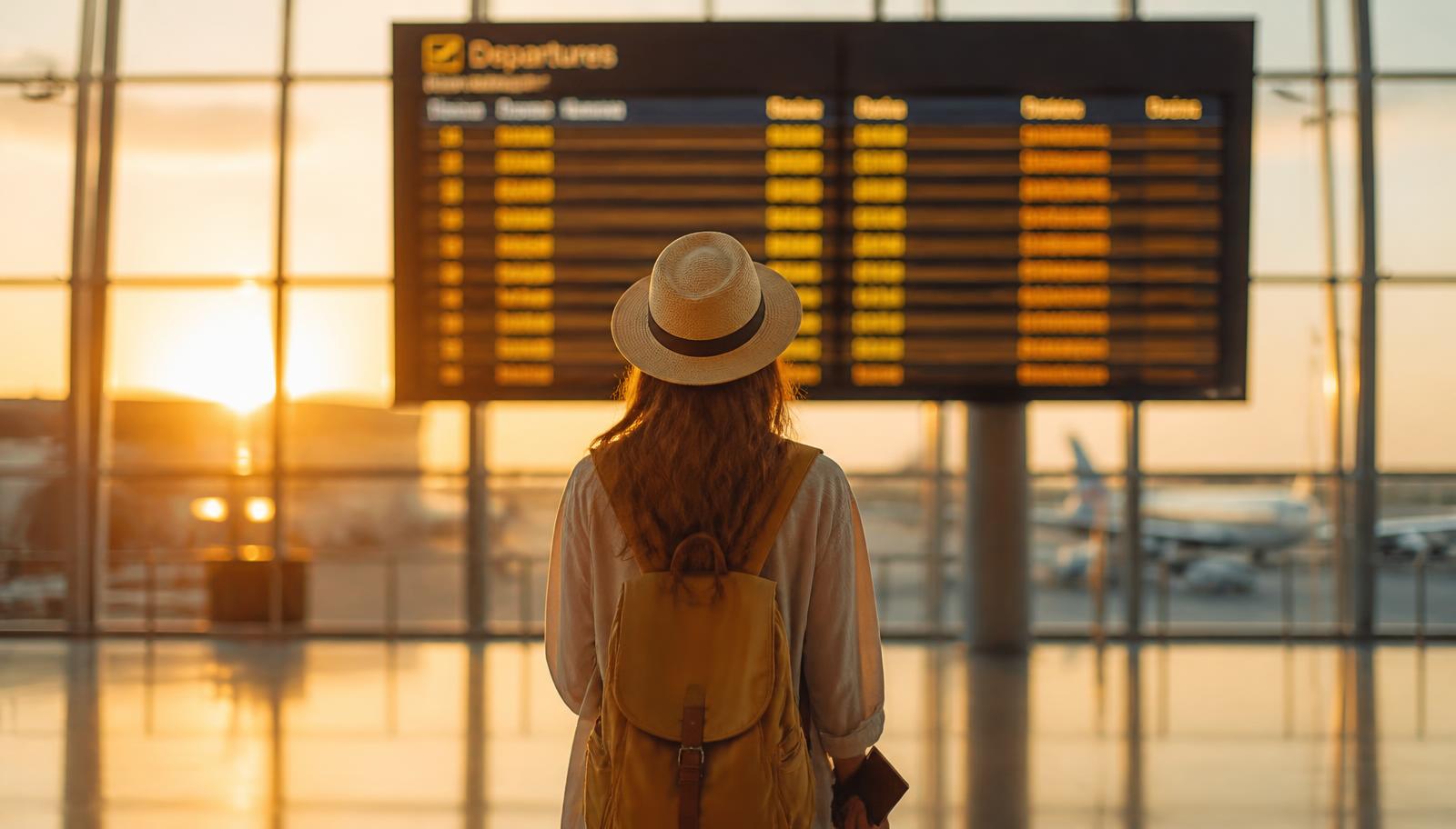 Traveler with a backpack watching an airport departures board at sunset