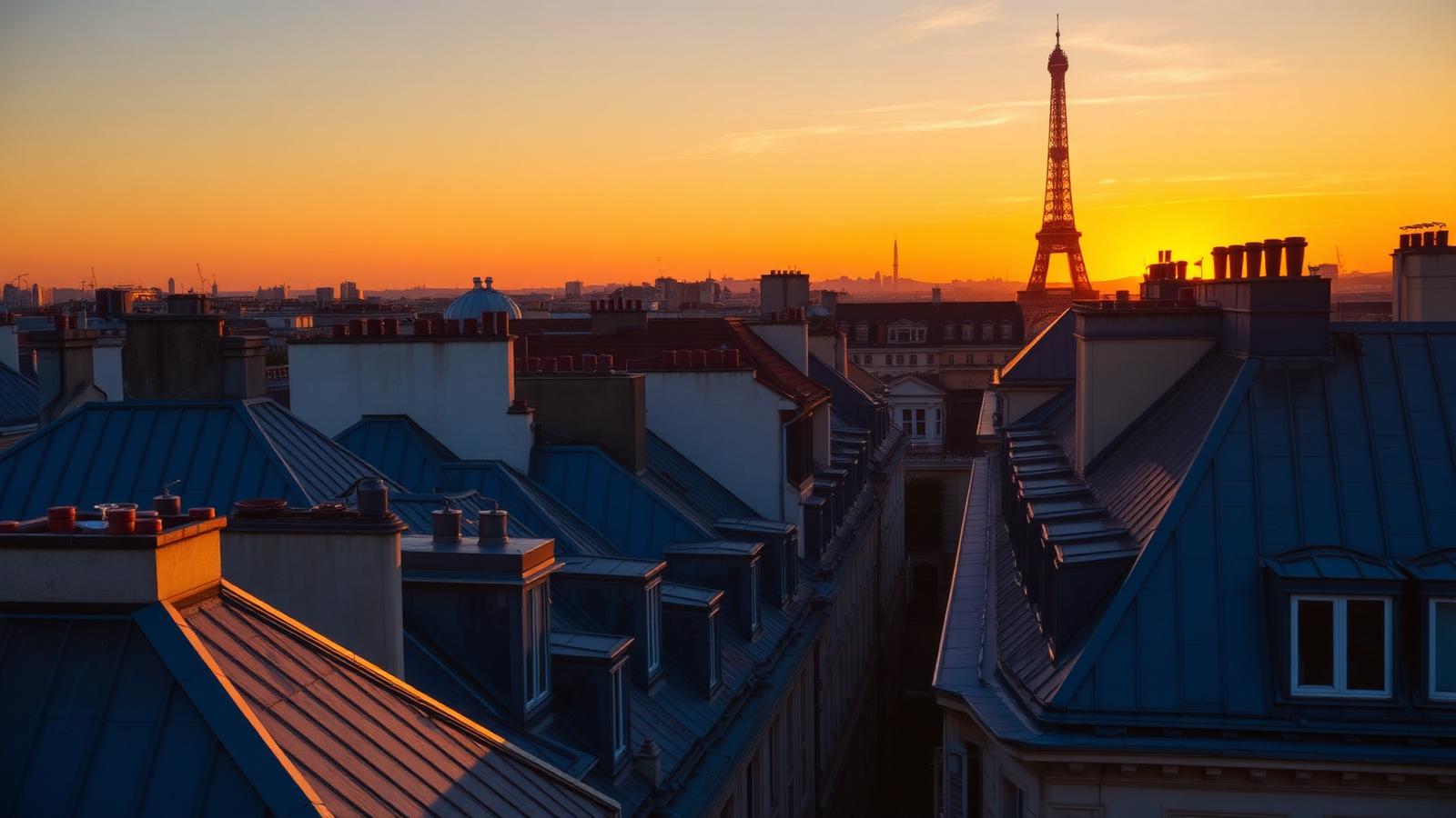 Paris rooftops at golden hour with the Eiffel Tower in the distance