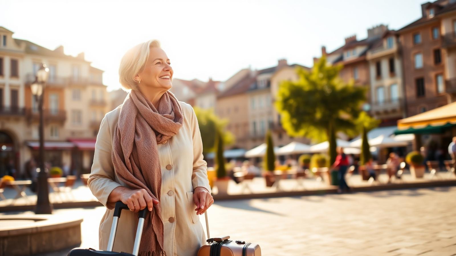 Smiling woman in her 60s with a suitcase in a sunlit European plaza