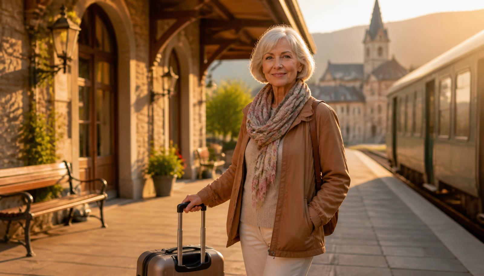 Confident woman with carry-on suitcase at a European train station at golden hour