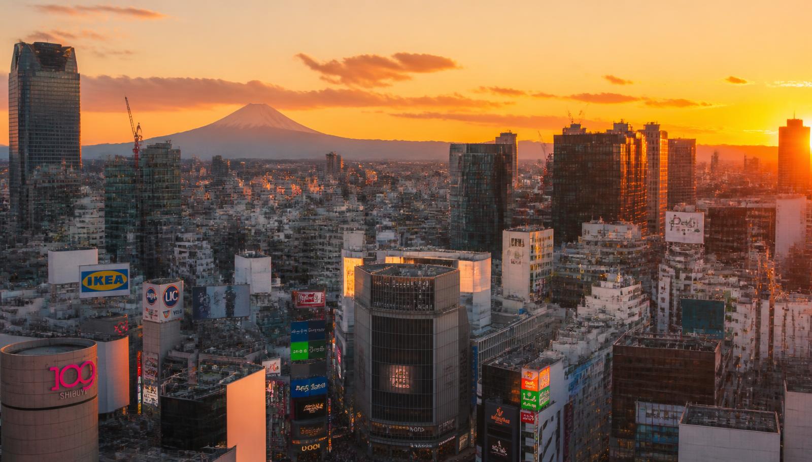 Tokyo skyline at sunset with Mount Fuji on the horizon